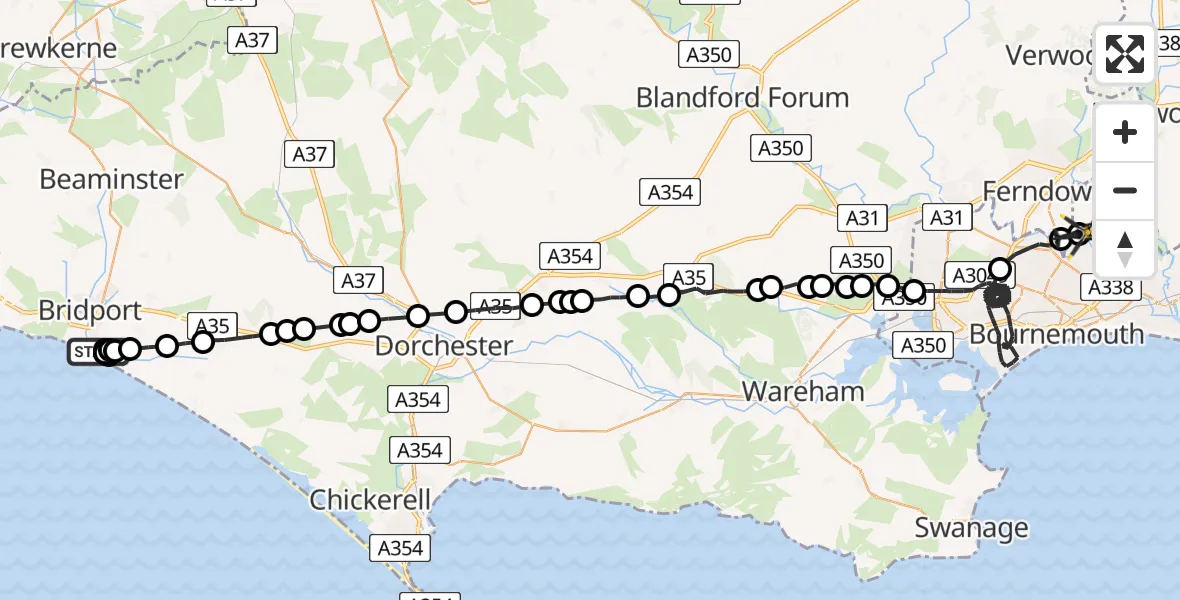 Flight path map showing Police Helicopter route from Burton Bradstock to Bournemouth Airport