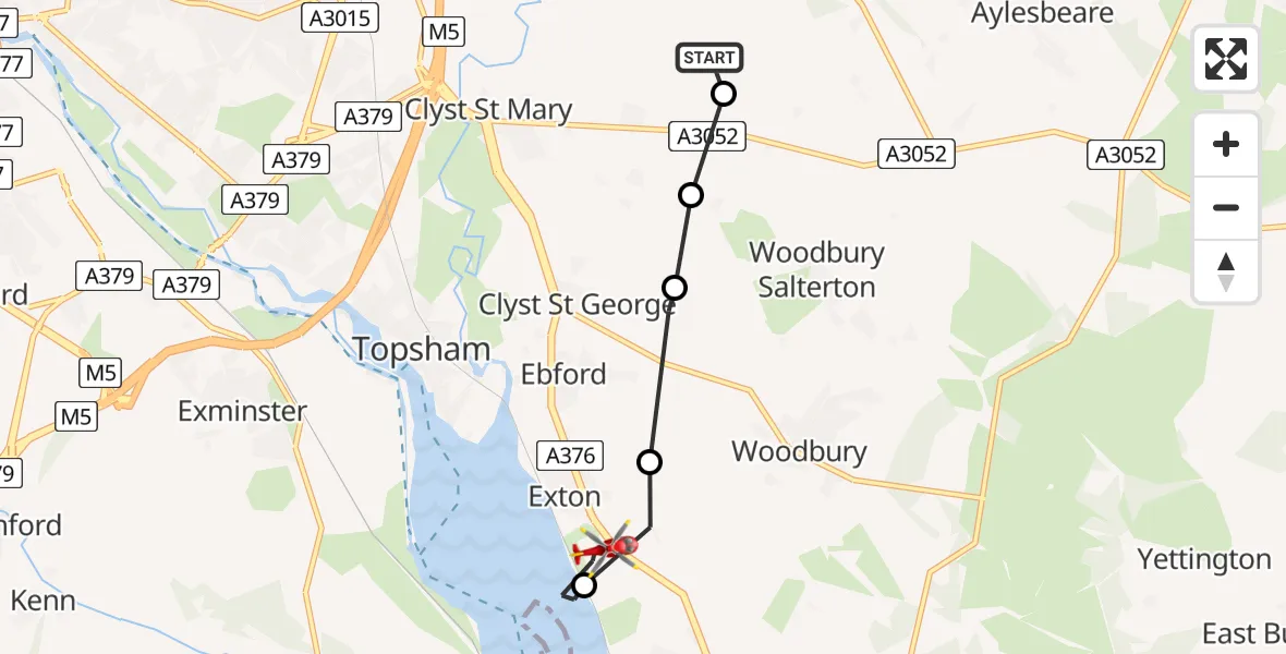 Flight path map showing Air Ambulance Helicopter route from Clyst Honiton to Exton