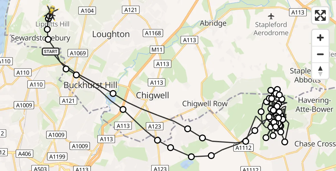 Flight path map showing Police Helicopter route from Waltham Abbey to Metropolitan Police Air Support Unit Lippitts Hill