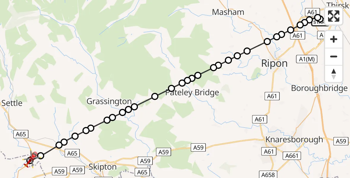 Flight path map showing Air Ambulance Helicopter route from RAF Topcliffe to Halton West