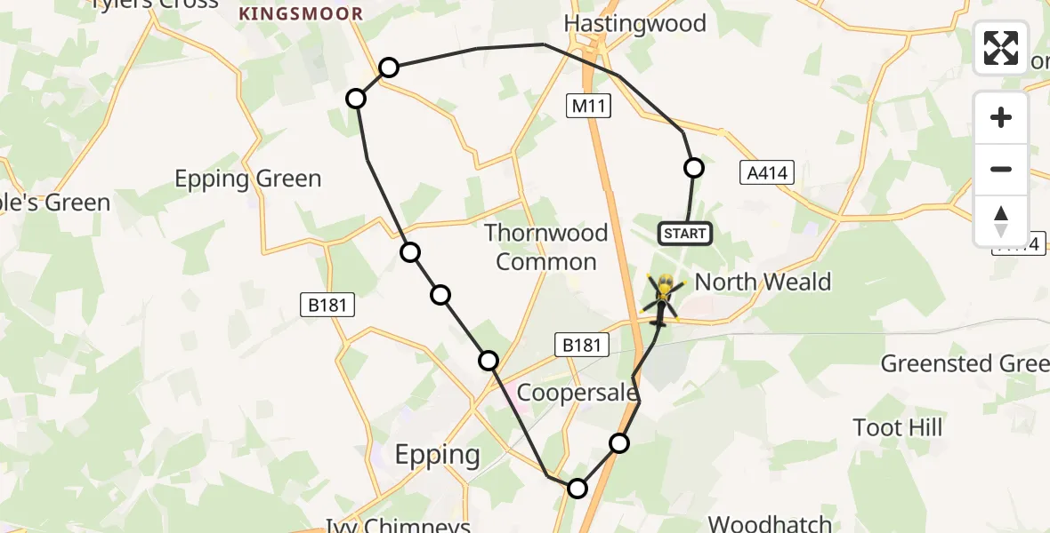 Flight path map showing Police Helicopter route from North Weald Airfield to North Weald Airfield