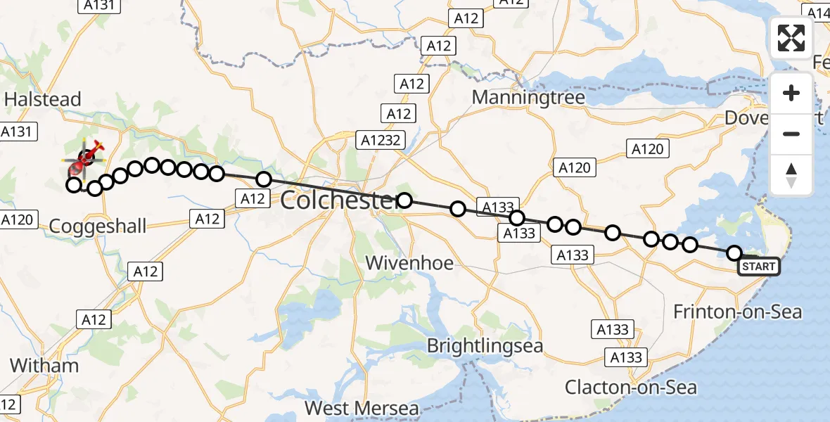 Flight path map showing Air Ambulance Helicopter route from Walton-on-the-Naze to Earls Colne Airfield