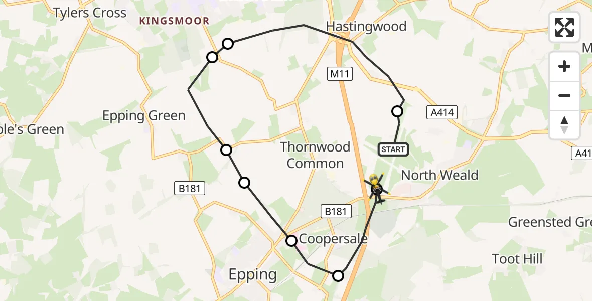 Flight path map showing Police Helicopter route from North Weald Airfield to North Weald Airfield