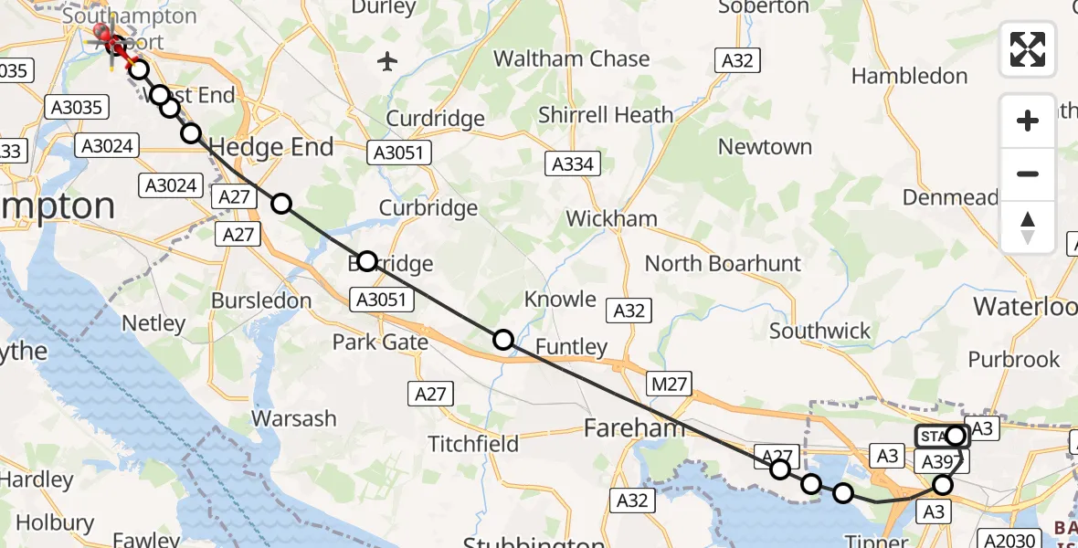 Flight path map showing Air Ambulance Helicopter route from Queen Alexandra Hospital to Mansbridge