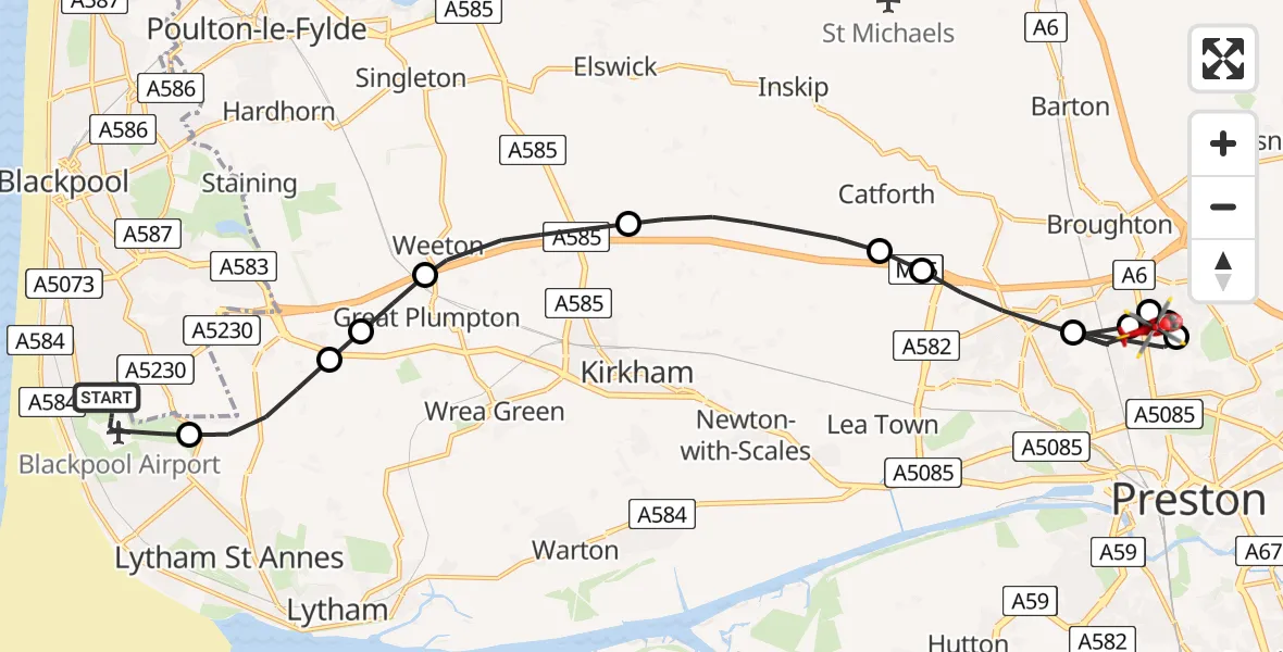 Flight path map showing Air Ambulance Helicopter route from Blackpool Airport to Preston
