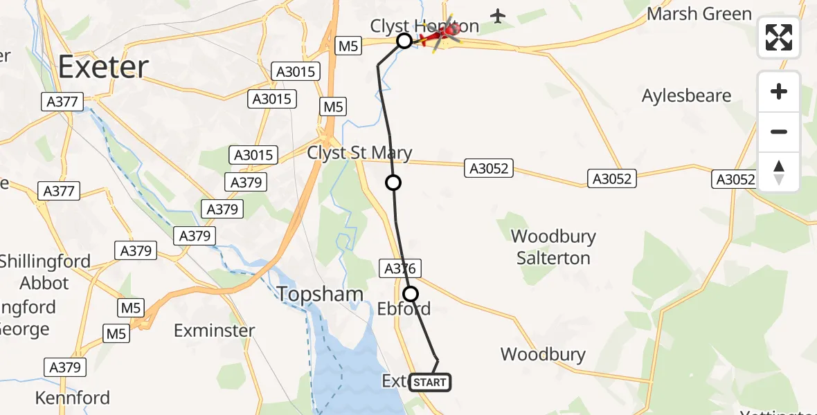 Flight path map showing Air Ambulance Helicopter route from Exton to Clyst Honiton