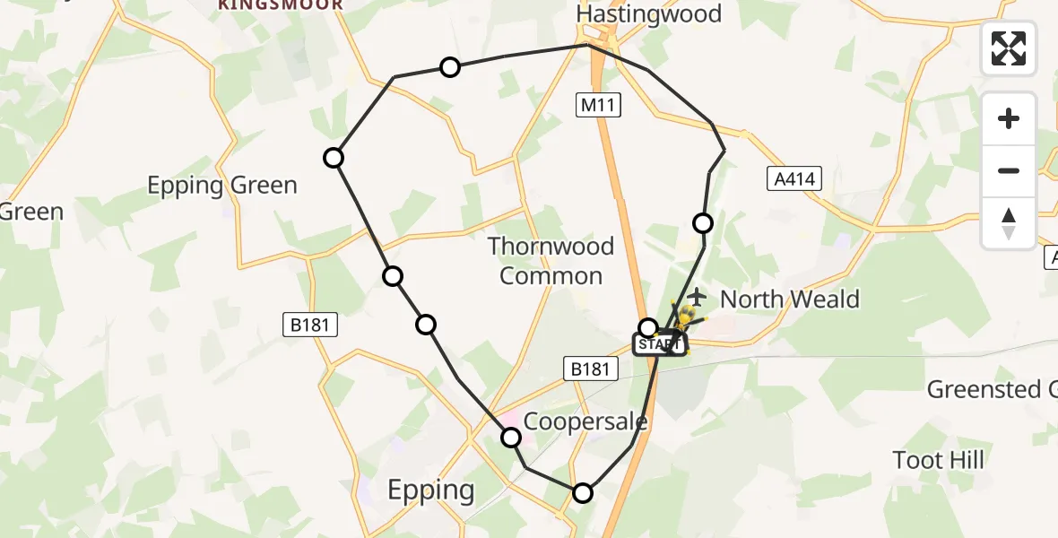 Flight path map showing Police Helicopter route from North Weald Airfield to North Weald Airfield