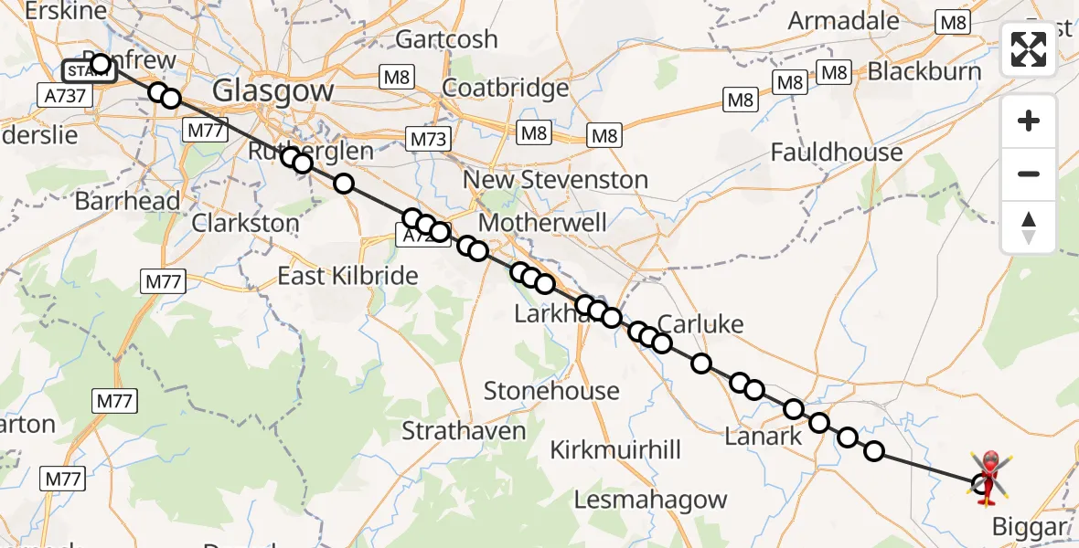 Flight path map showing Air Ambulance Helicopter route from Glasgow Airport to Quothquan