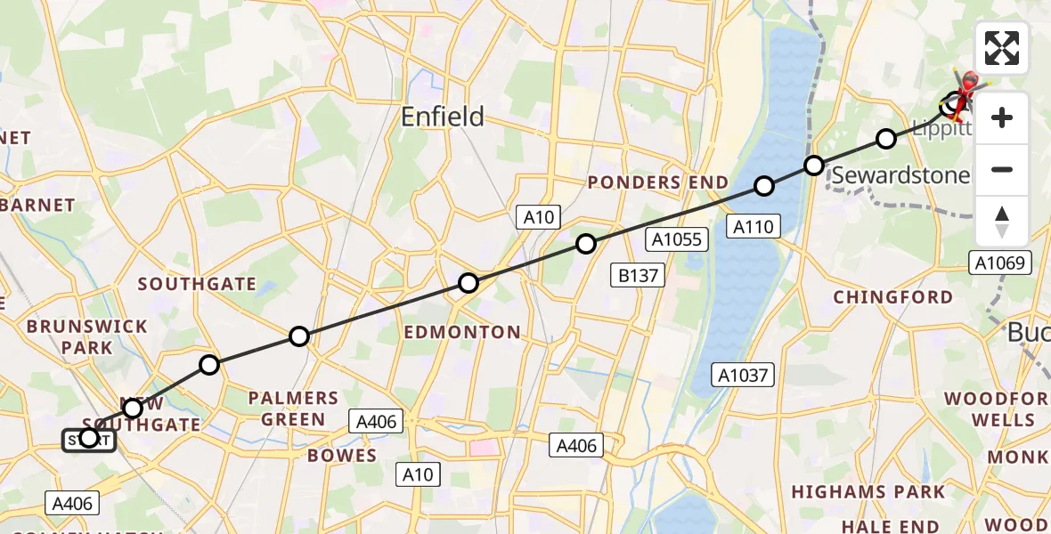 Flight path map showing Air Ambulance Helicopter route from Friern Barnet to Metropolitan Police Air Support Unit Lippitts Hill