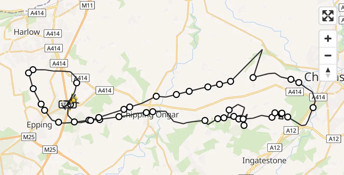 Flight path map showing Police Helicopter route from North Weald Airfield to North Weald Airfield
