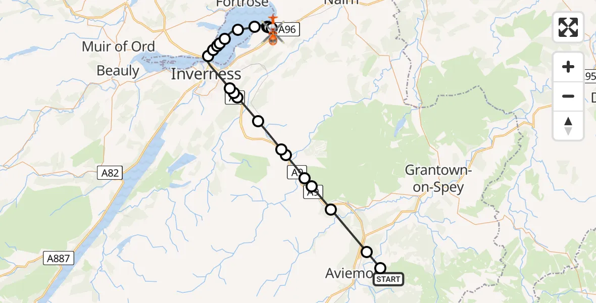 Flight path map showing Coastguard Helicopter route from Highland to Inverness Airport
