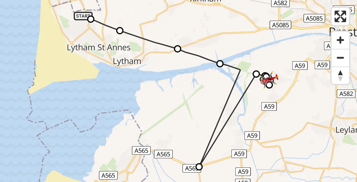 Flight path map showing Air Ambulance Helicopter route from Blackpool Airport to Walmer Bridge