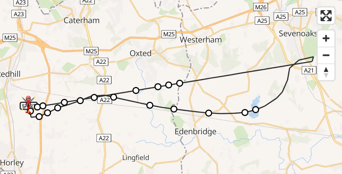 Flight path map showing Air Ambulance Helicopter route from Redhill Aerodrome to Redhill Aerodrome