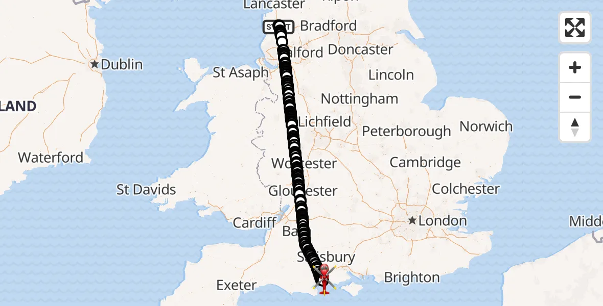 Flight path map showing Air Ambulance Helicopter route from Royal Preston to Bournemouth Airport