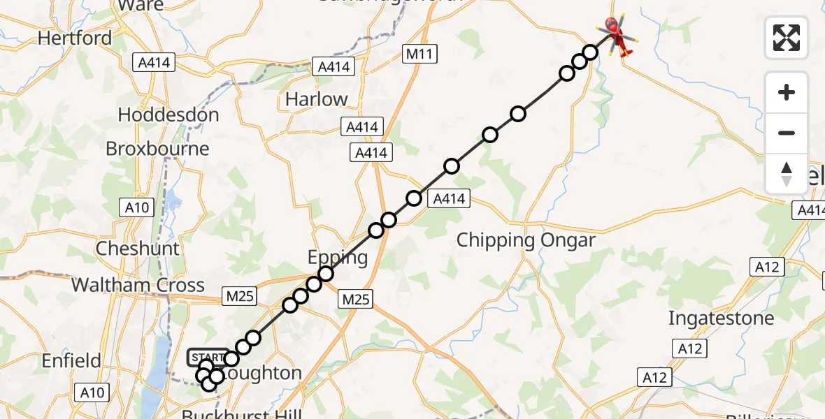 Flight path map showing Air Ambulance Helicopter route from Metropolitan Police Air Support Unit Lippitts Hill to Leaden Roding