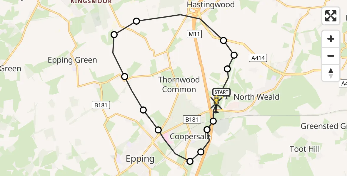 Flight path map showing Police Helicopter route from North Weald Airfield to North Weald Airfield
