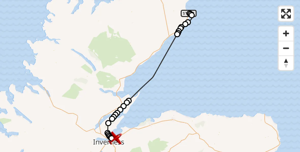 Flight path map showing Air Ambulance Aircraft route from Wick John O'Groats Airport to Inverness