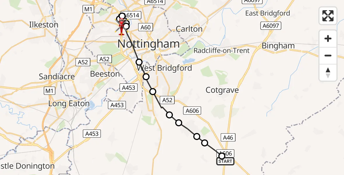 Flight path map showing Air Ambulance Helicopter route from Rushcliffe to City of Nottingham
