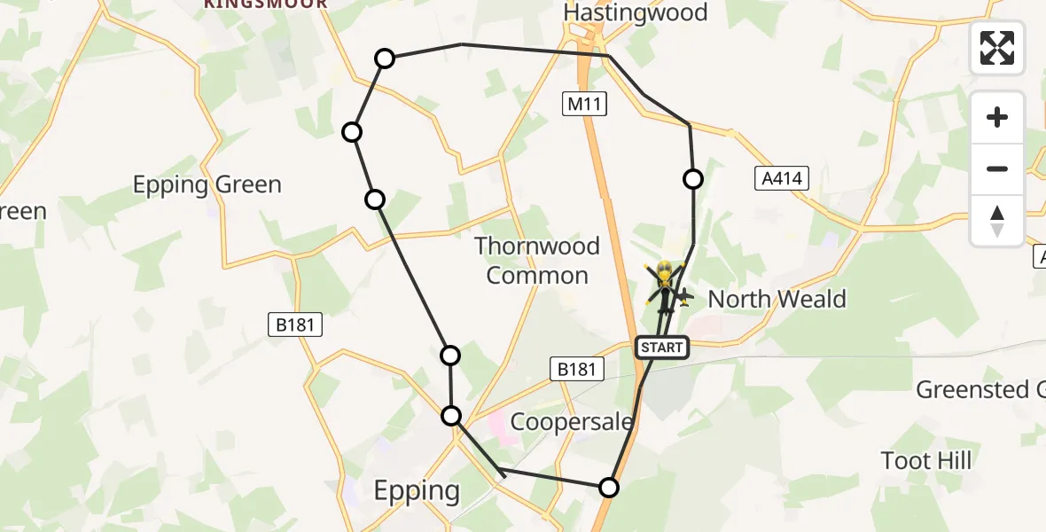 Flight path map showing Police Helicopter route from North Weald Airfield to North Weald Airfield