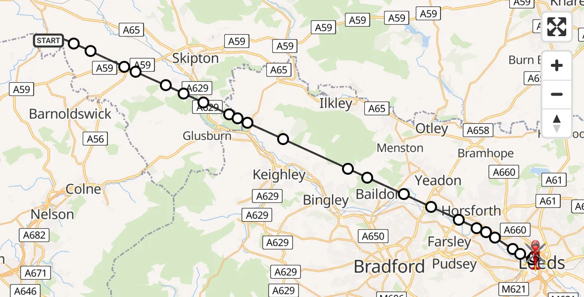 Flight path map showing Air Ambulance Helicopter route from Hellifield to Hyde Park