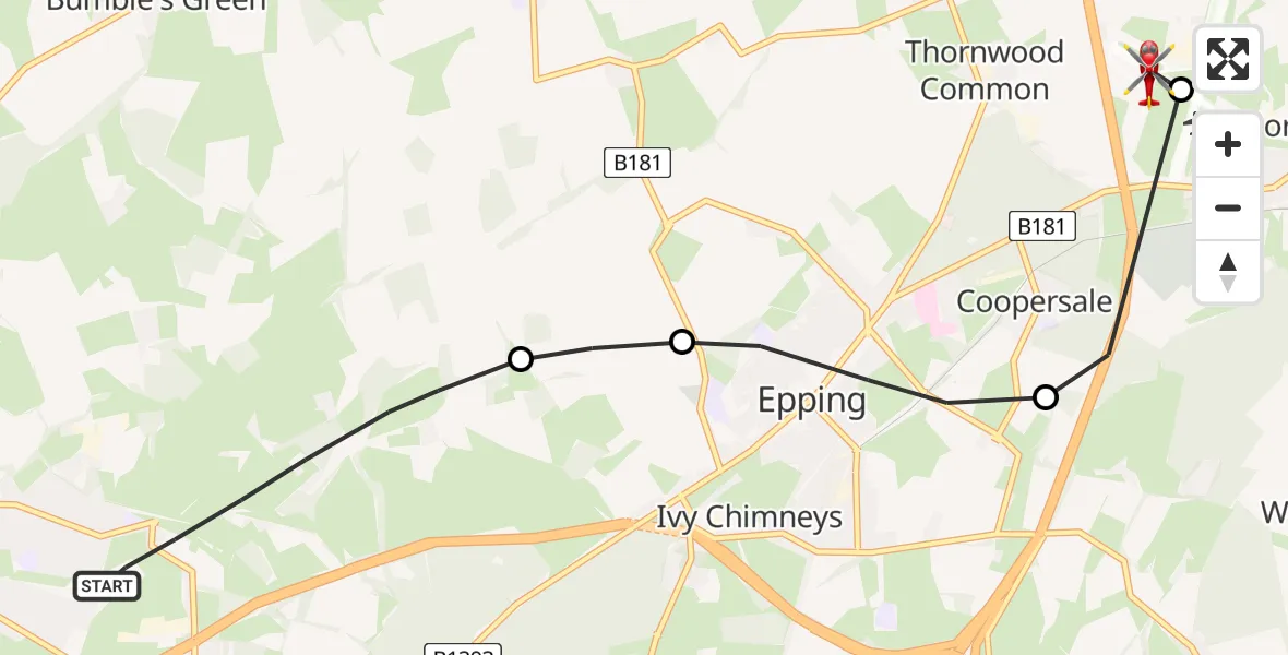 Flight path map showing Air Ambulance Helicopter route from Epping Forest to North Weald Airfield