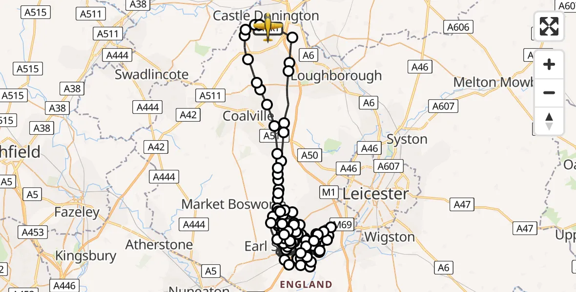 Flight path map showing Police Aircraft route from East Midlands Airport to East Midlands Airport