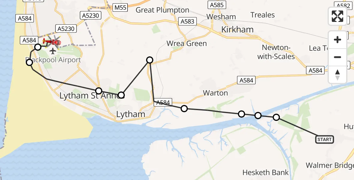 Flight path map showing Air Ambulance Helicopter route from Longton to Blackpool Airport