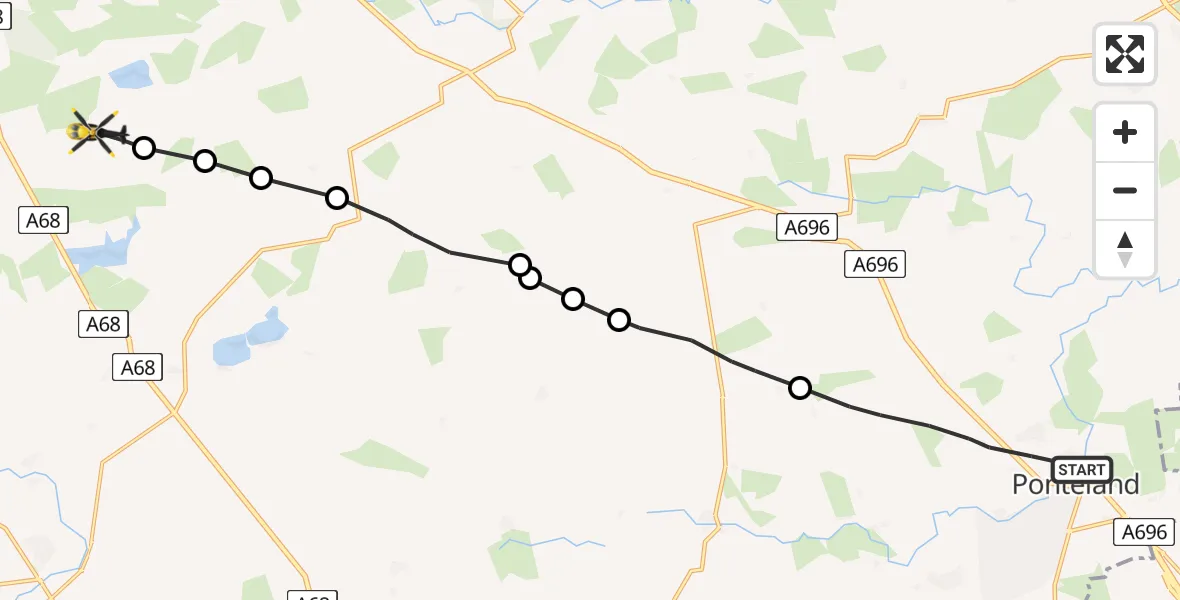 Flight path map showing Police Helicopter route from Ponteland to Birtley