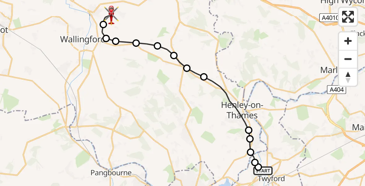 Flight path map showing Air Ambulance Helicopter route from Twyford to RAF Benson