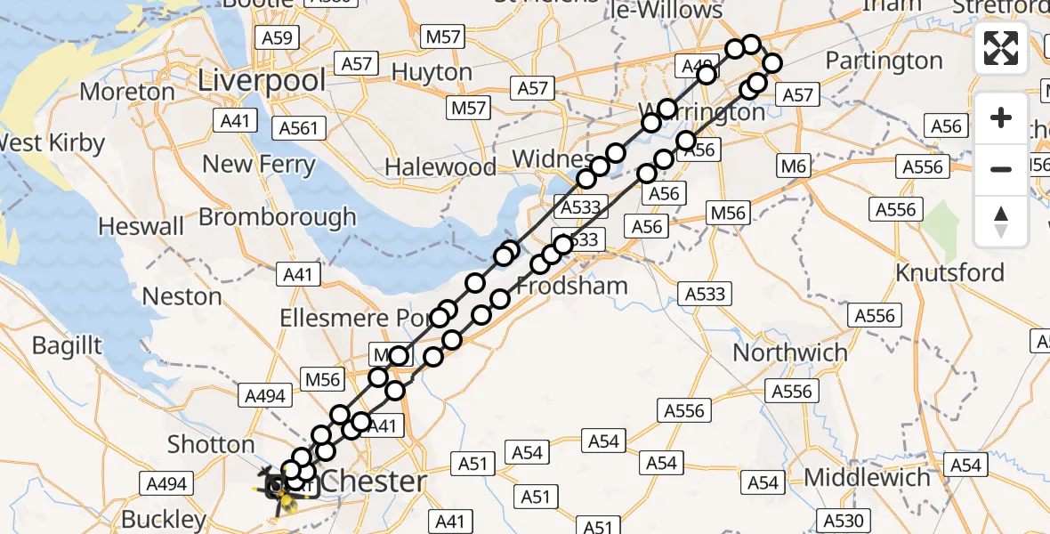 Flight path map showing Police Helicopter route from Hawarden Airport to Hawarden Airport