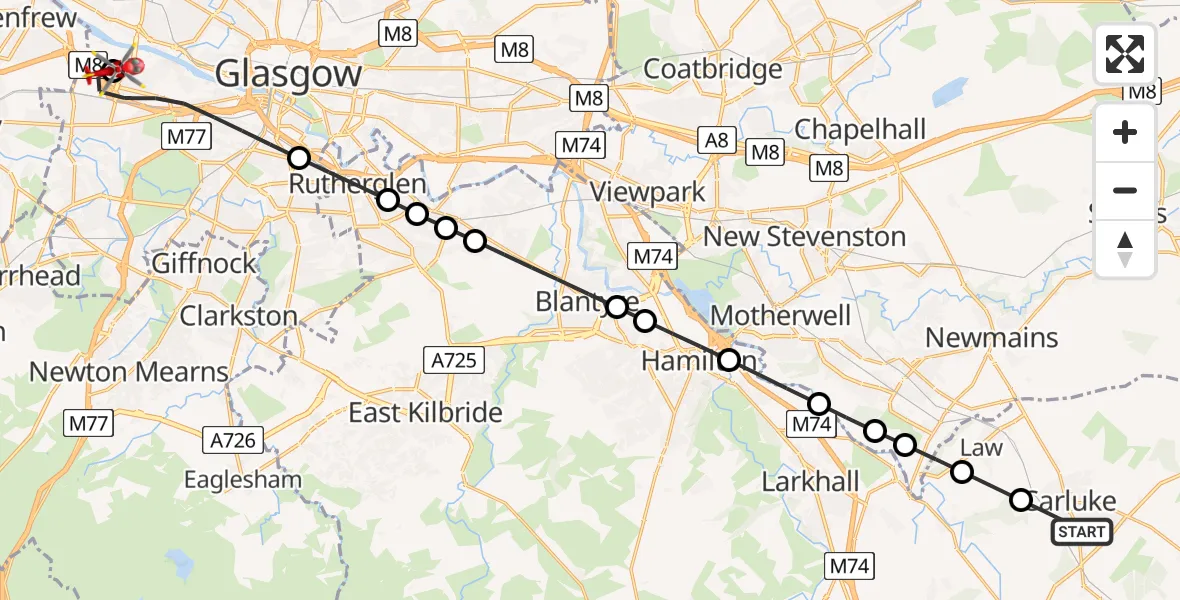 Flight path map showing Air Ambulance Helicopter route from Carluke to Queen Elizabeth Hospital