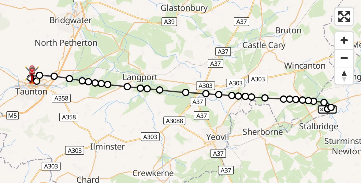 Flight path map showing Air Ambulance Helicopter route from Henstridge Airfield to Cheddon Fitzpaine