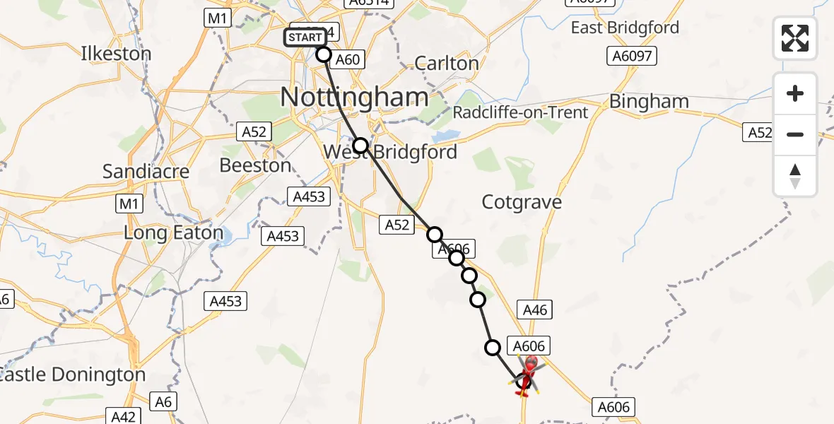 Flight path map showing Air Ambulance Helicopter route from Bulwell to Nottingham Heliport