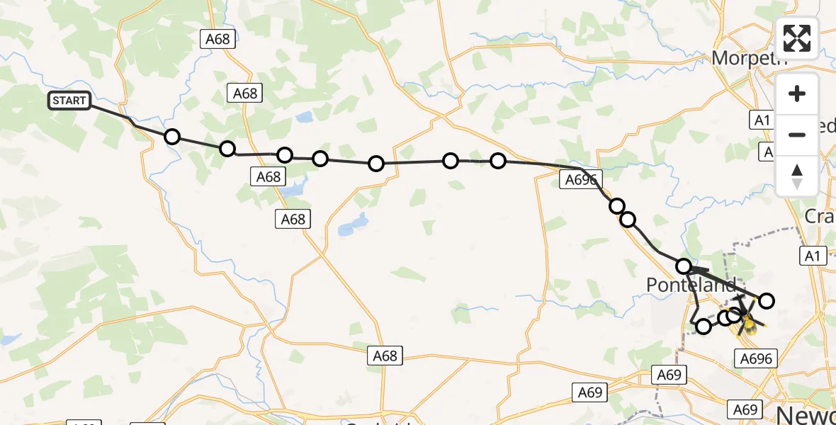 Flight path map showing Police Helicopter route from Bellingham to Newcastle International Airport