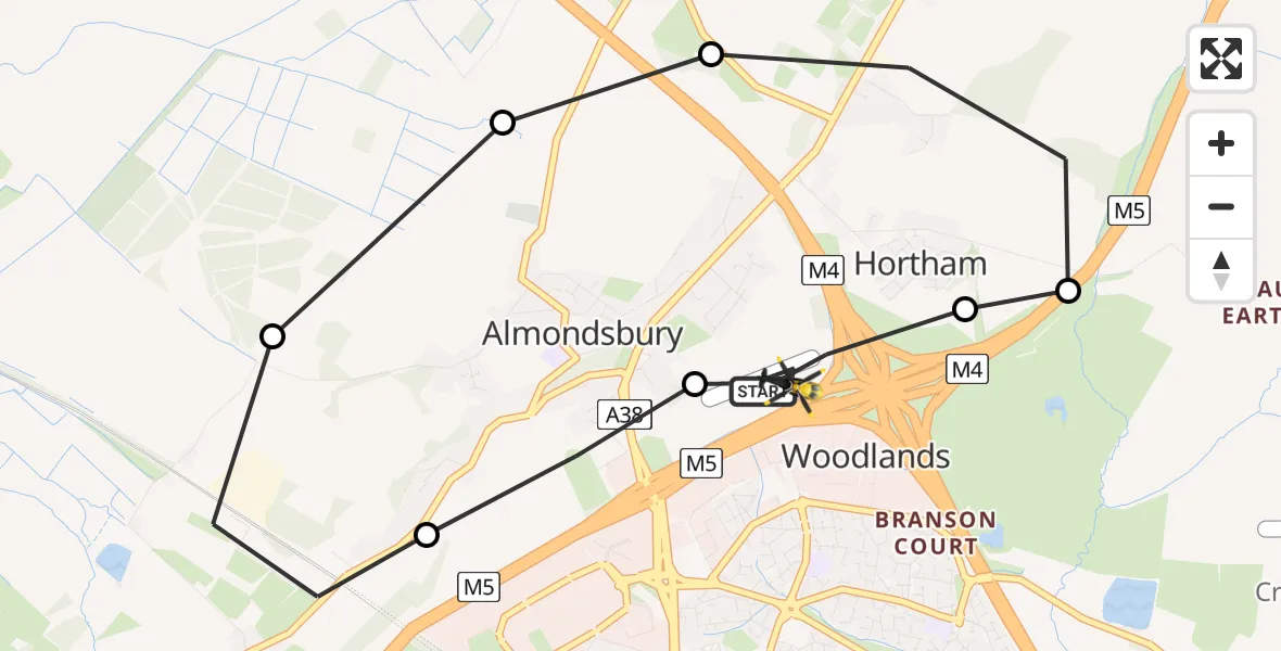 Flight path map showing Police Helicopter route from Almondsbury Helicopter Base to Almondsbury Helicopter Base