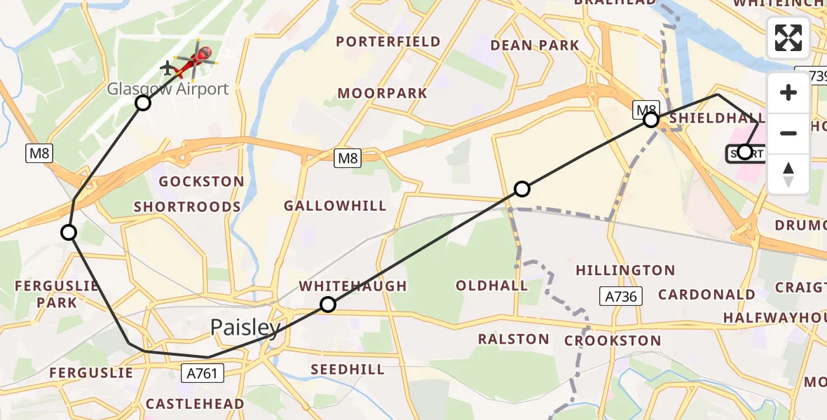 Flight path map showing Air Ambulance Helicopter route from Queen Elizabeth Hospital to Glasgow Airport