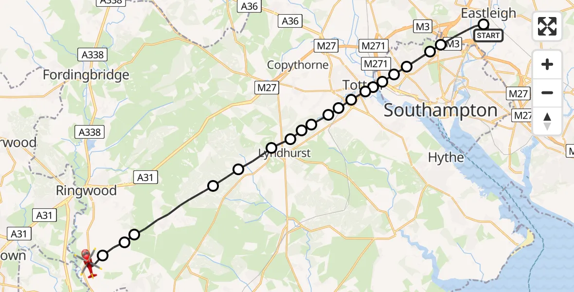 Flight path map showing Air Ambulance Helicopter route from Southampton Airport to New Forest