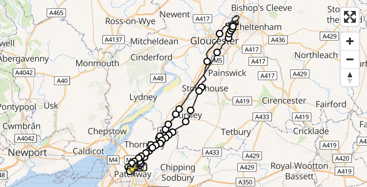 Flight path map showing Police Helicopter route from Almondsbury Helicopter Base to Almondsbury Helicopter Base