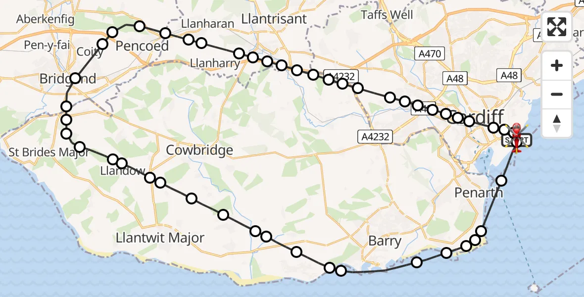 Flight path map showing Air Ambulance Helicopter route from Cardiff Heliport to Cardiff Heliport