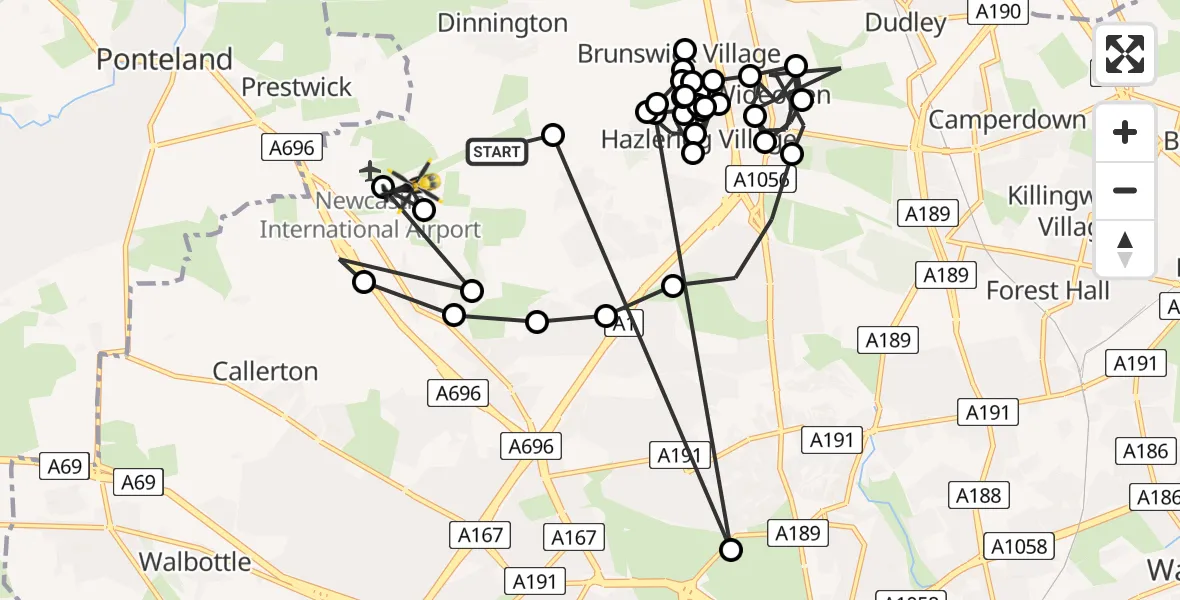 Flight path map showing Police Helicopter route from Newcastle International Airport to Newcastle International Airport
