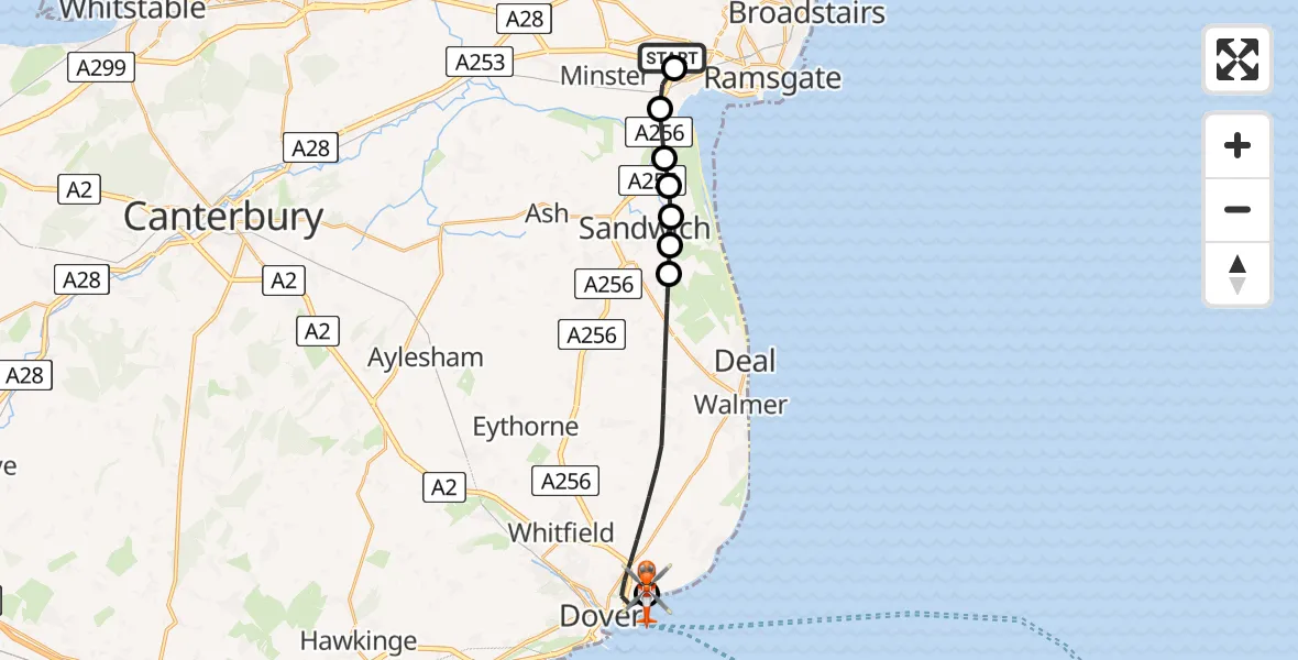 Flight path map showing Coastguard Helicopter route from Manston Airport to Langdon Battery Heliport