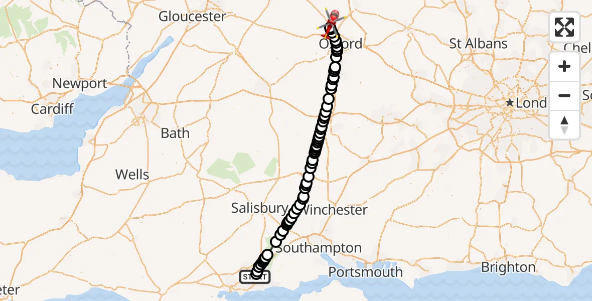 Flight path map showing Air Ambulance Helicopter route from Bournemouth Airport to Begbroke
