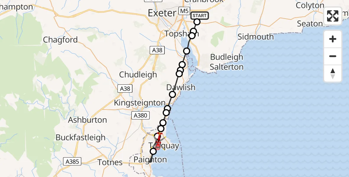 Flight path map showing Air Ambulance Helicopter route from East Devon to Torquay