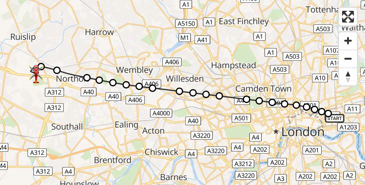 Flight path map showing Air Ambulance Helicopter route from Royal London Hospital to RAF Northolt