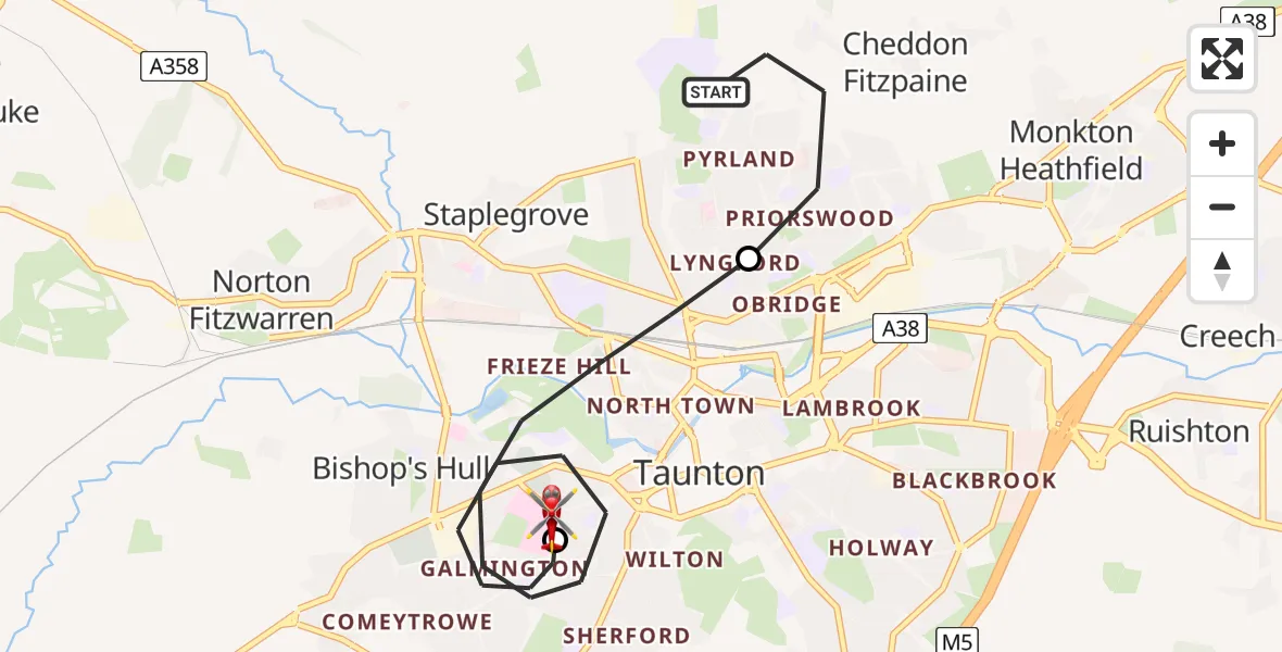 Flight path map showing Air Ambulance Helicopter route from Cheddon Fitzpaine to Musgrove Hospital