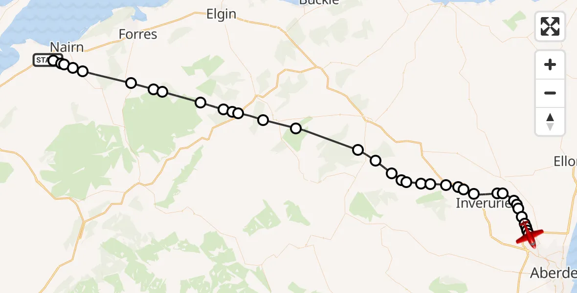 Flight path map showing Air Ambulance Aircraft route from Delnies to Dyce