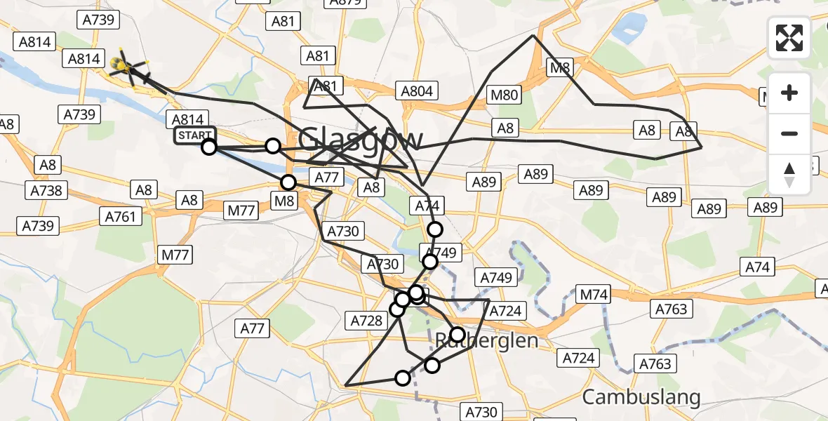 Flight path map showing Police Helicopter route from Glasgow City Heliport to Glasgow