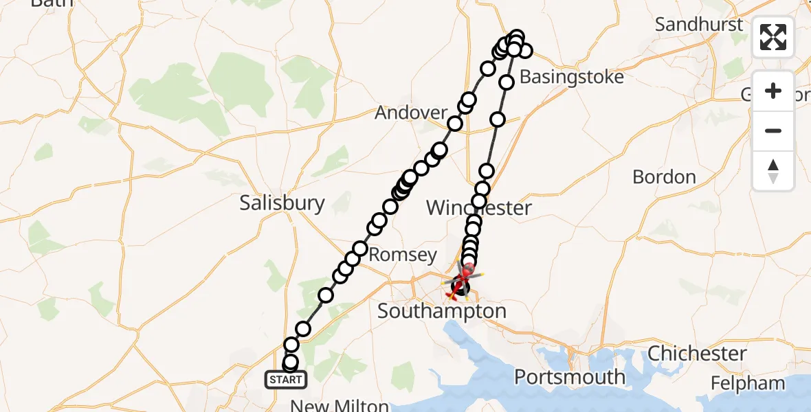 Flight path map showing Air Ambulance Helicopter route from New Forest to Southampton Airport