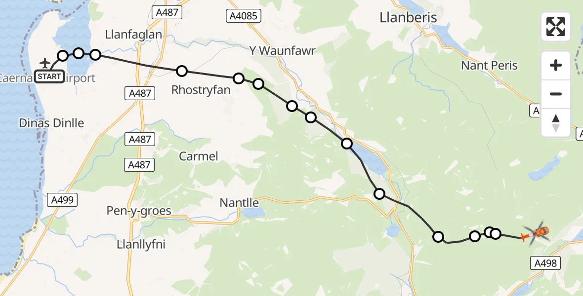 Flight path map showing Coastguard Helicopter route from Caernarfon Airport to Beddgelert