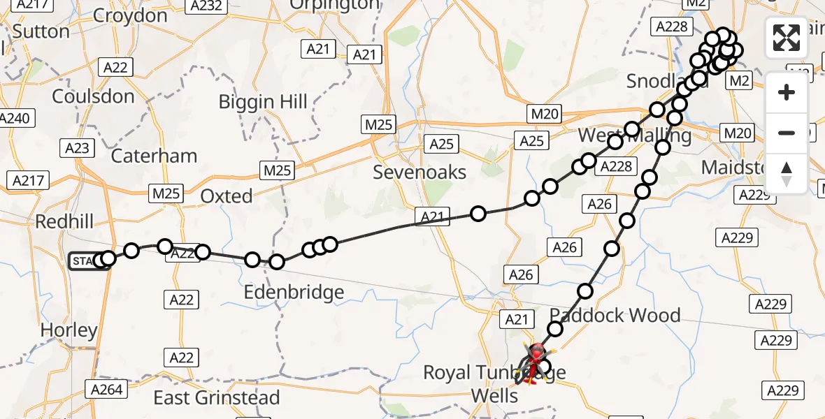 Flight path map showing Air Ambulance Helicopter route from Redhill Aerodrome to Royal Tunbridge Wells